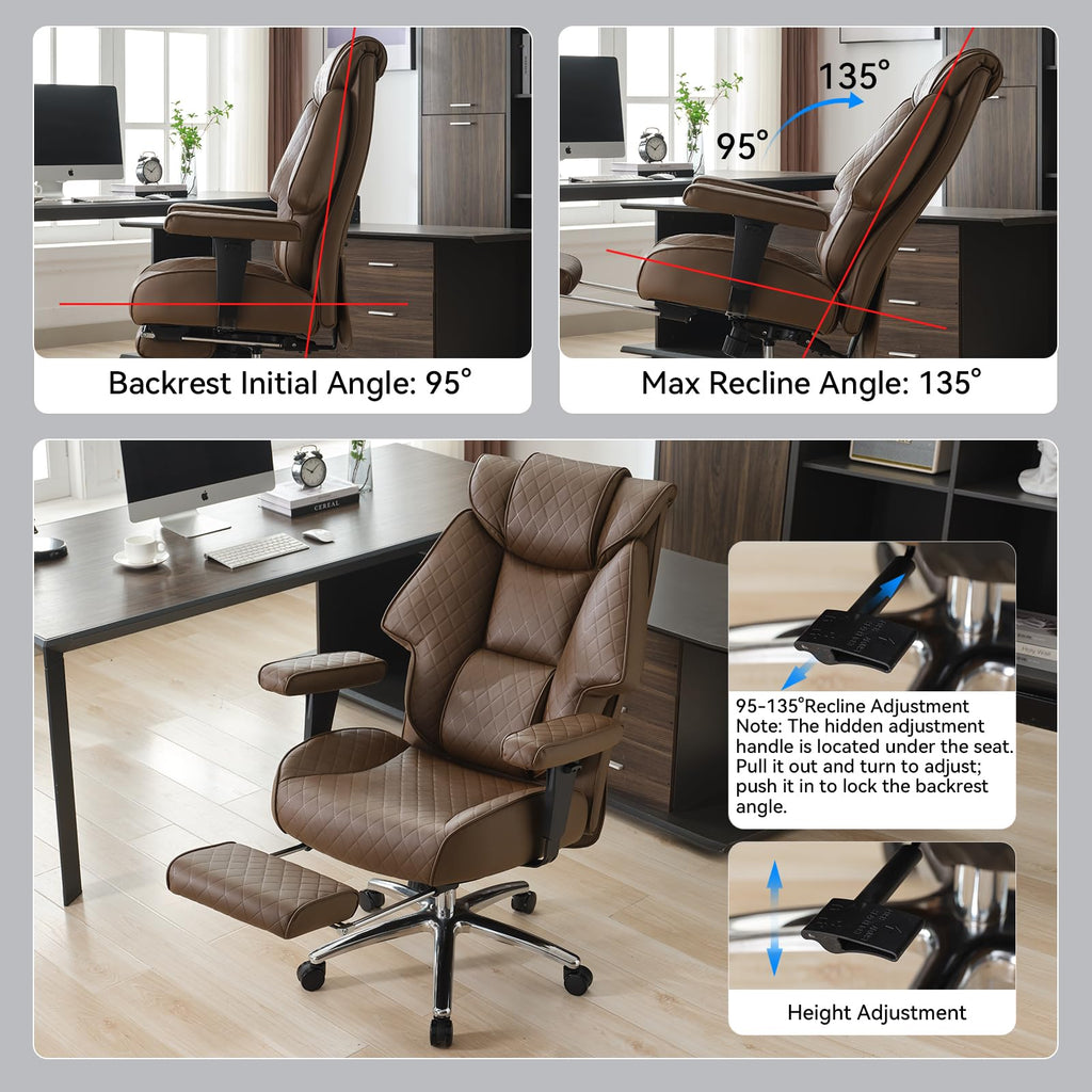 Big and Tall Office Chair with Footrest, PU Leather High Back Executive Chair 400lbs, Ergonomic Computer Chair Lumbar Support (Brown) N123