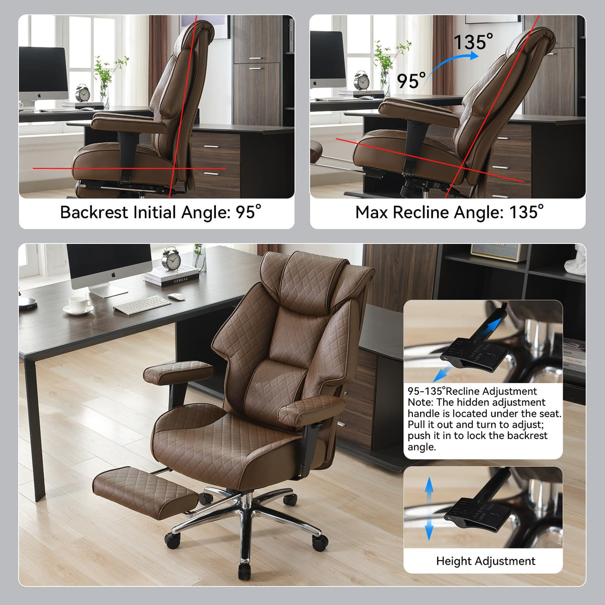 Big and Tall Office Chair with Footrest, PU Leather High Back Executive Chair 400lbs, Ergonomic Computer Chair Lumbar Support (Brown) N123