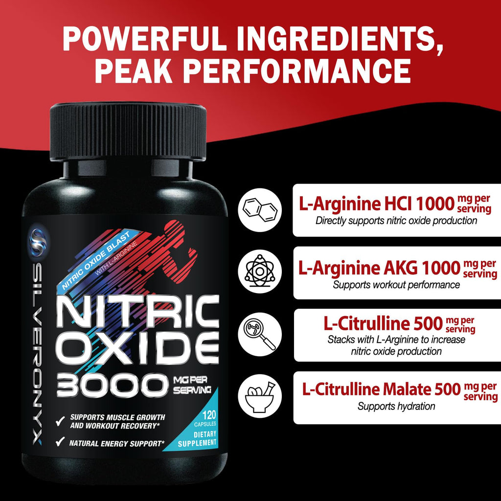 Nitric Oxide Supplement 3000mg Blend L-Arginine & L-Citrulline 120 Capsules J8498