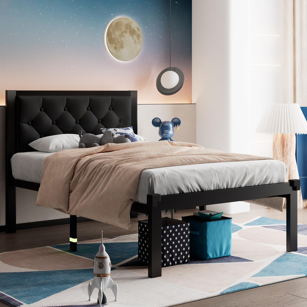 Twin Size Black Metal Platform Bed Frame with Faux Leather Tufted Headboard O60943