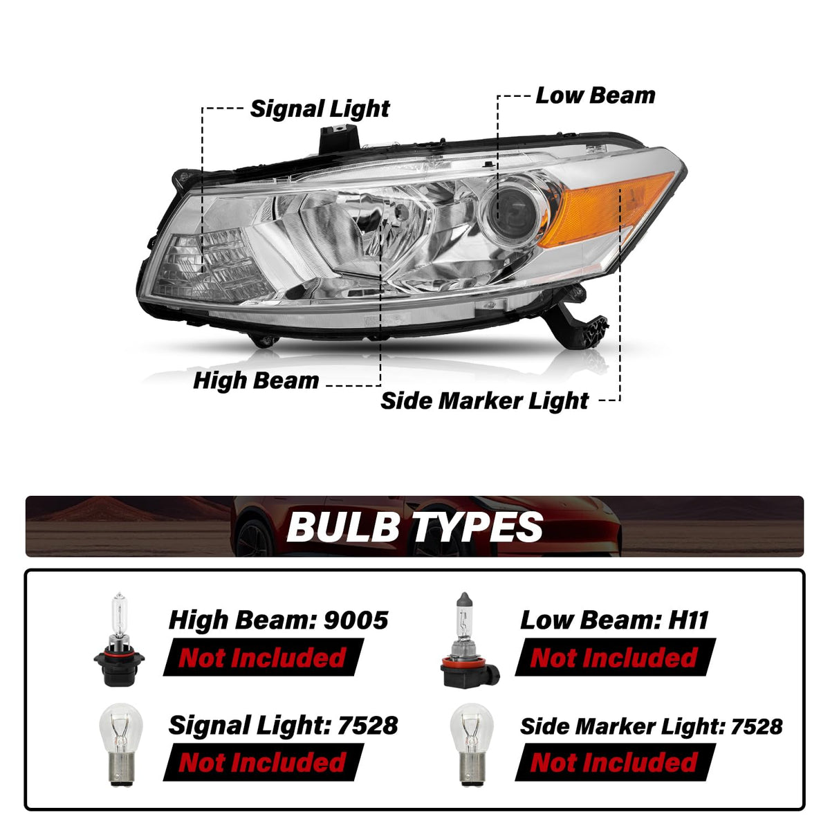 Headlight Assembly Replacement Chrome Housing with Amber Reflector E699