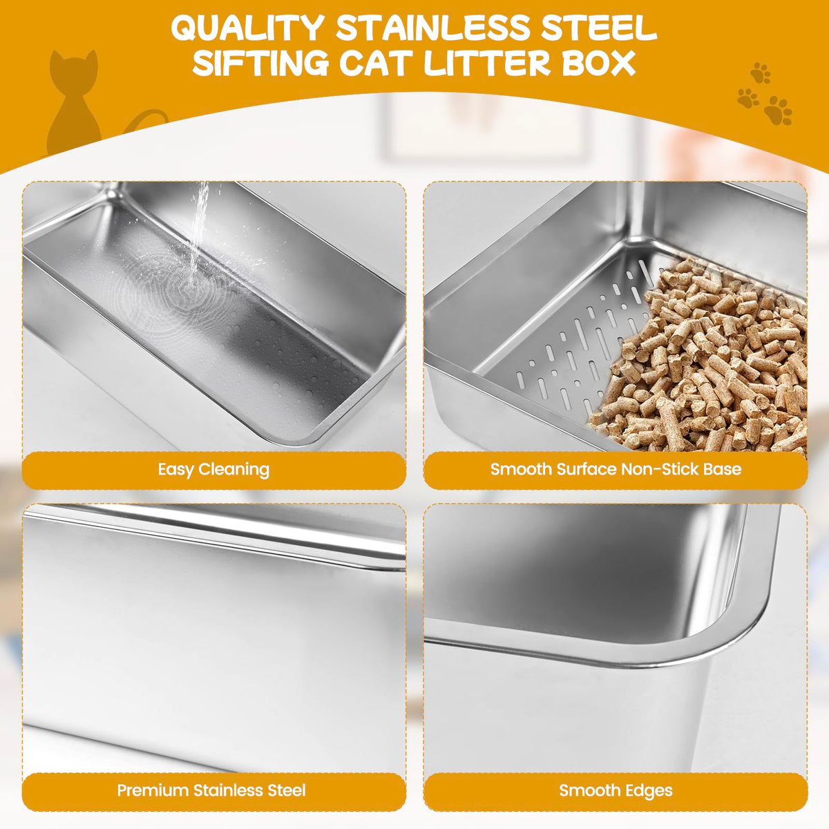 Stainless Steel Sifting Cat Litter Box with Scoop and Pee Pad X733