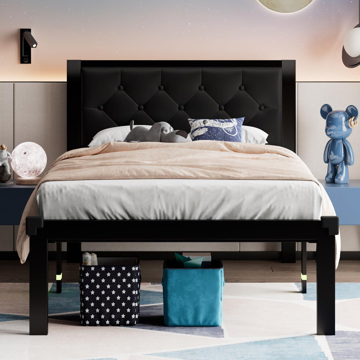 Twin Size Black Metal Platform Bed Frame with Faux Leather Tufted Headboard O60943