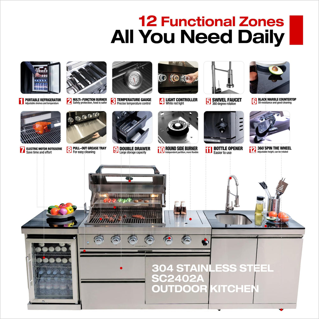 98 Inches 4-Burner Propane Stainless Steel Outdoor Kitchen Island with Refrigerator and Sink D107076