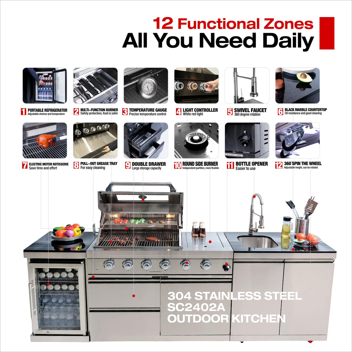98 Inches 4-Burner Propane Stainless Steel Outdoor Kitchen Island with Refrigerator and Sink D107076