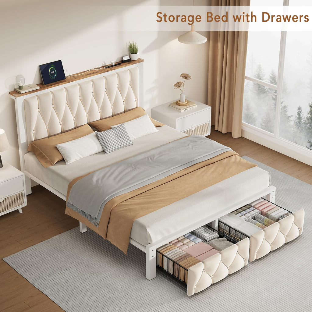Beige Full Upholstered Platform Bed Frame with 2 Storage Drawers K12867