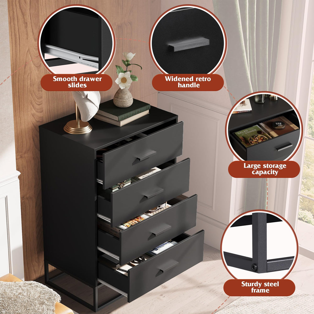 Black 4 Drawer Wooden Dresser S967