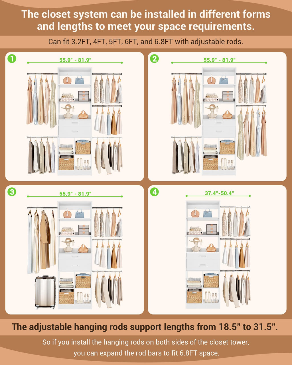 Small Closet System with 2 Wooden Drawers & 5 Hanging Rods, White O81082