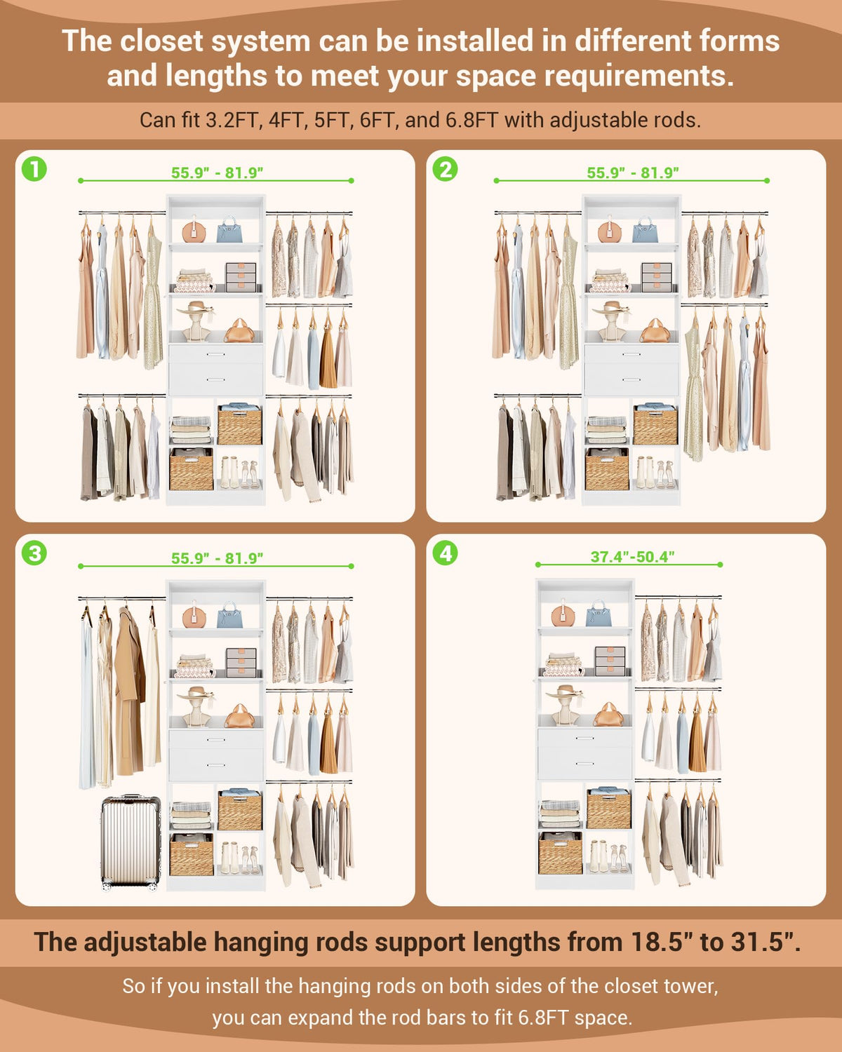 Small Closet System with 2 Wooden Drawers & 5 Hanging Rods, White O81082
