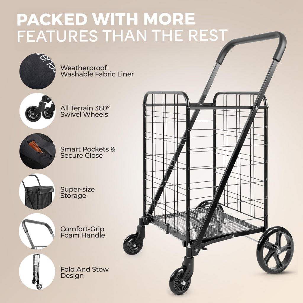 Large Folding Utility Shopping Cart with Removable Liner, 110 lb Capacity, Black K448
