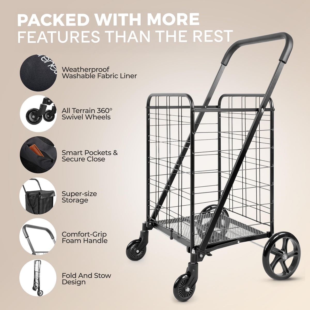 Large Folding Utility Shopping Cart with Removable Liner, 110 lb Capacity, Black K448
