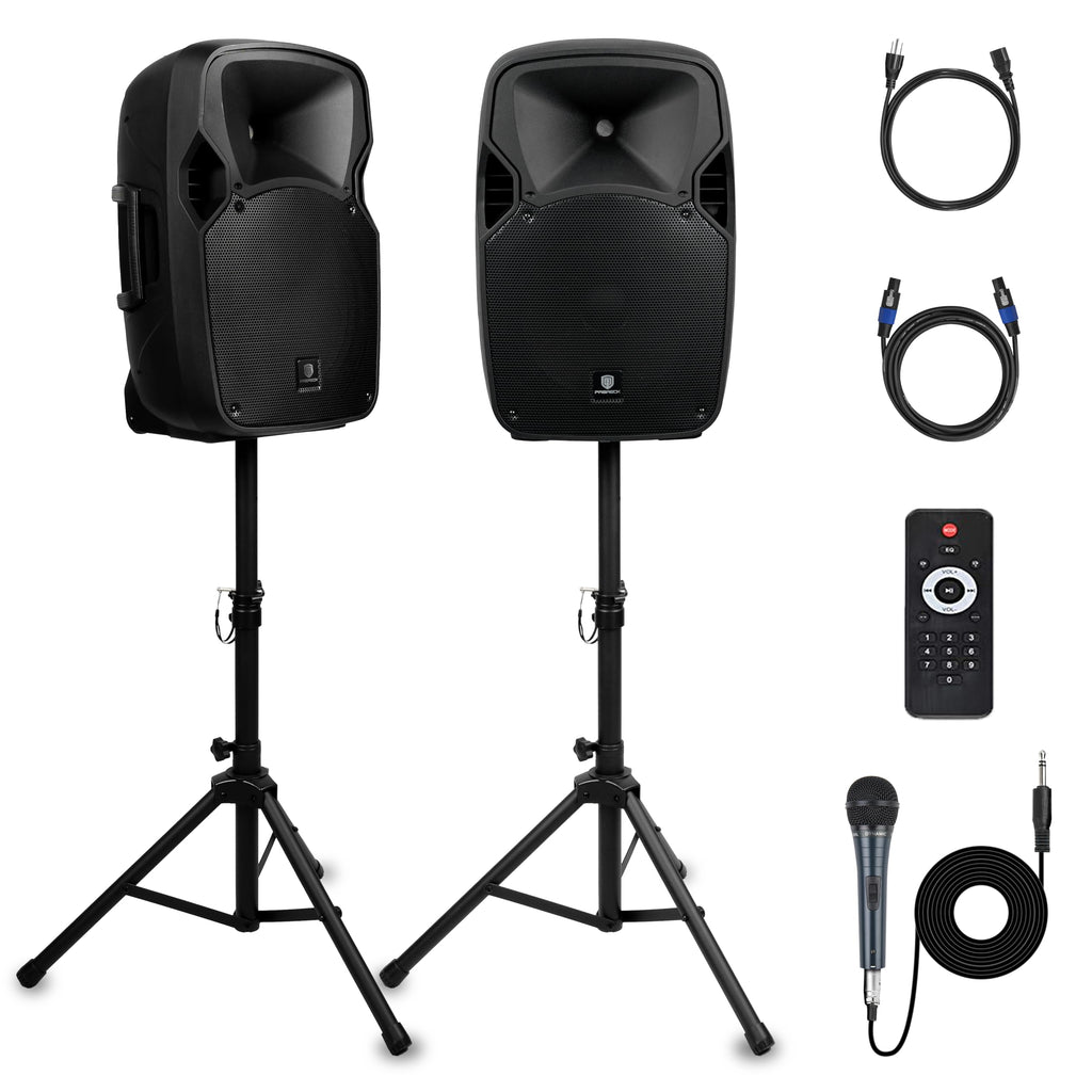 12-Inch 1800W 2-Way Powered PA Speaker System Combo Set with Speaker Stands J6109