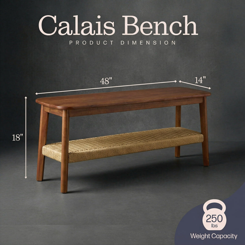 Solid Wood Entryway Bench with Woven Storage Shelf, Chestnut, 48” V7821
