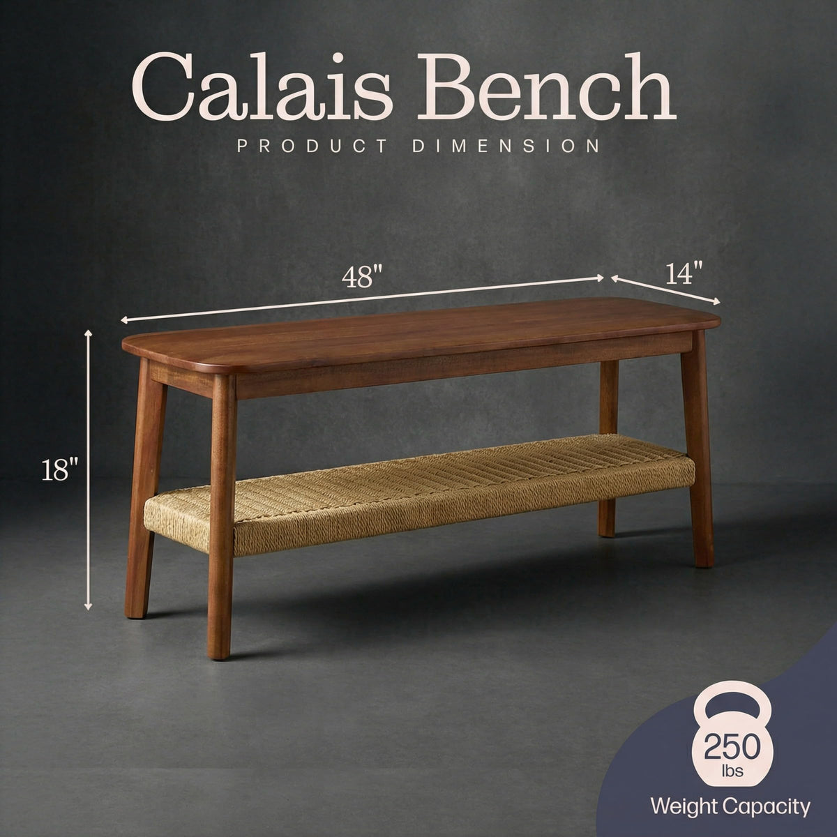Solid Wood Entryway Bench with Woven Storage Shelf, Chestnut, 48” V7821