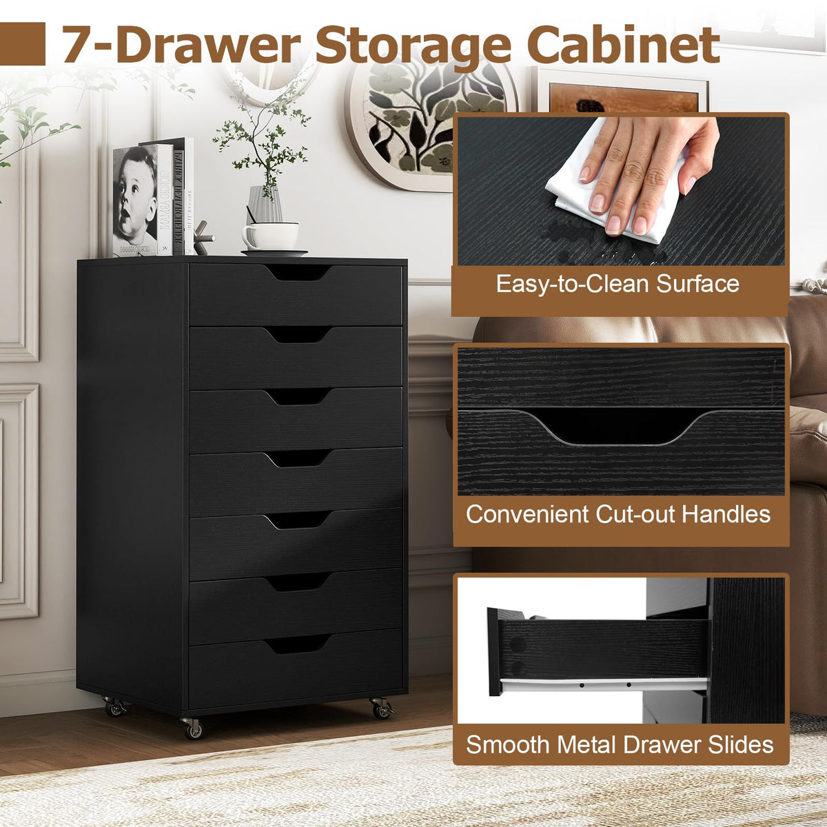 7 Drawer Wooden Storage Cabinet with Casters B237956