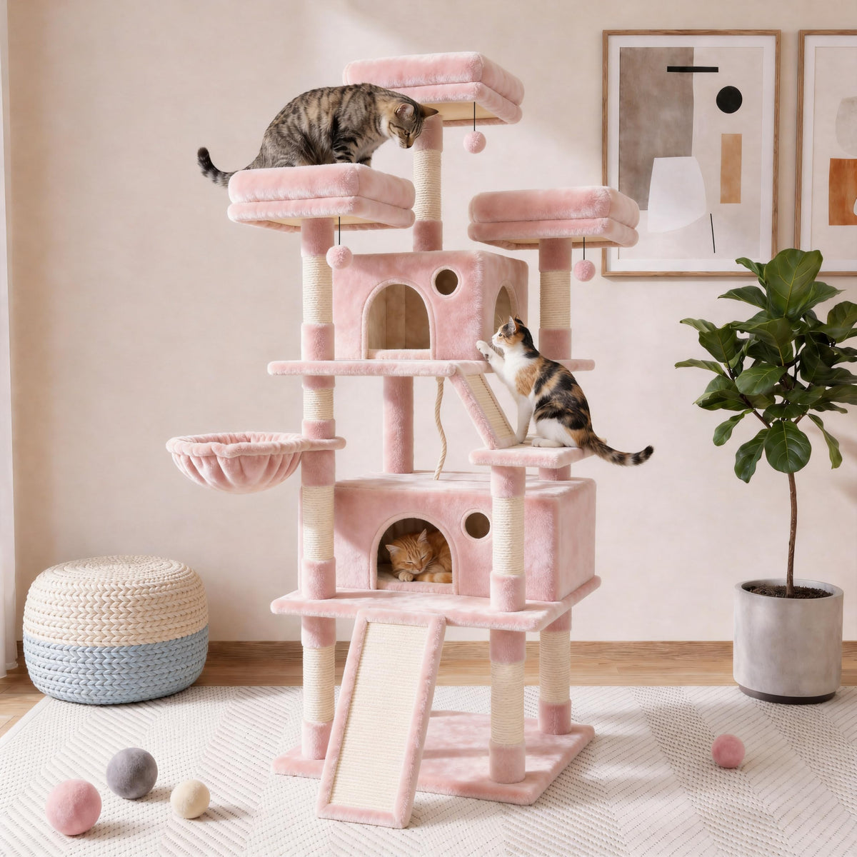 70 Inch Tall Multi-Level Cat Tree Tower with Scratching Posts, Hammock & Perches V963226