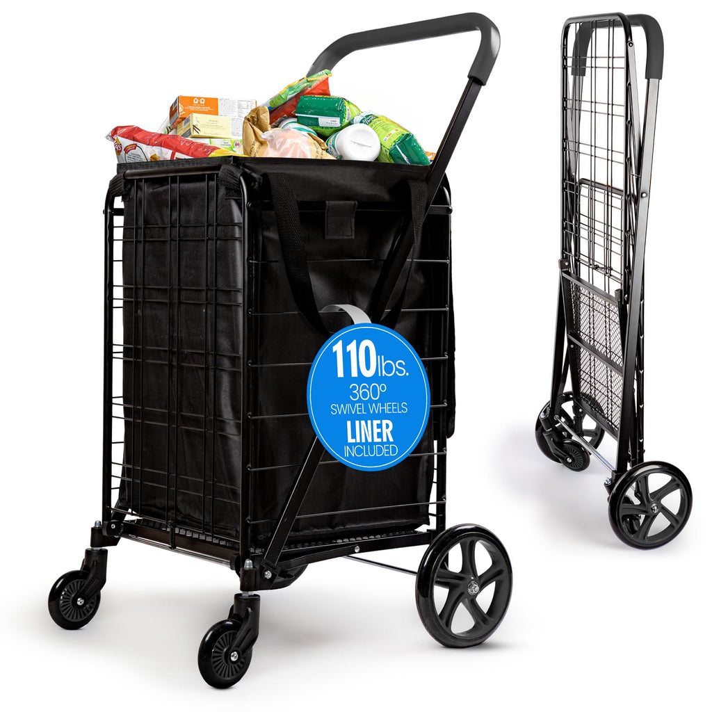 Large Folding Utility Shopping Cart with Removable Liner, 110 lb Capacity, Black K448
