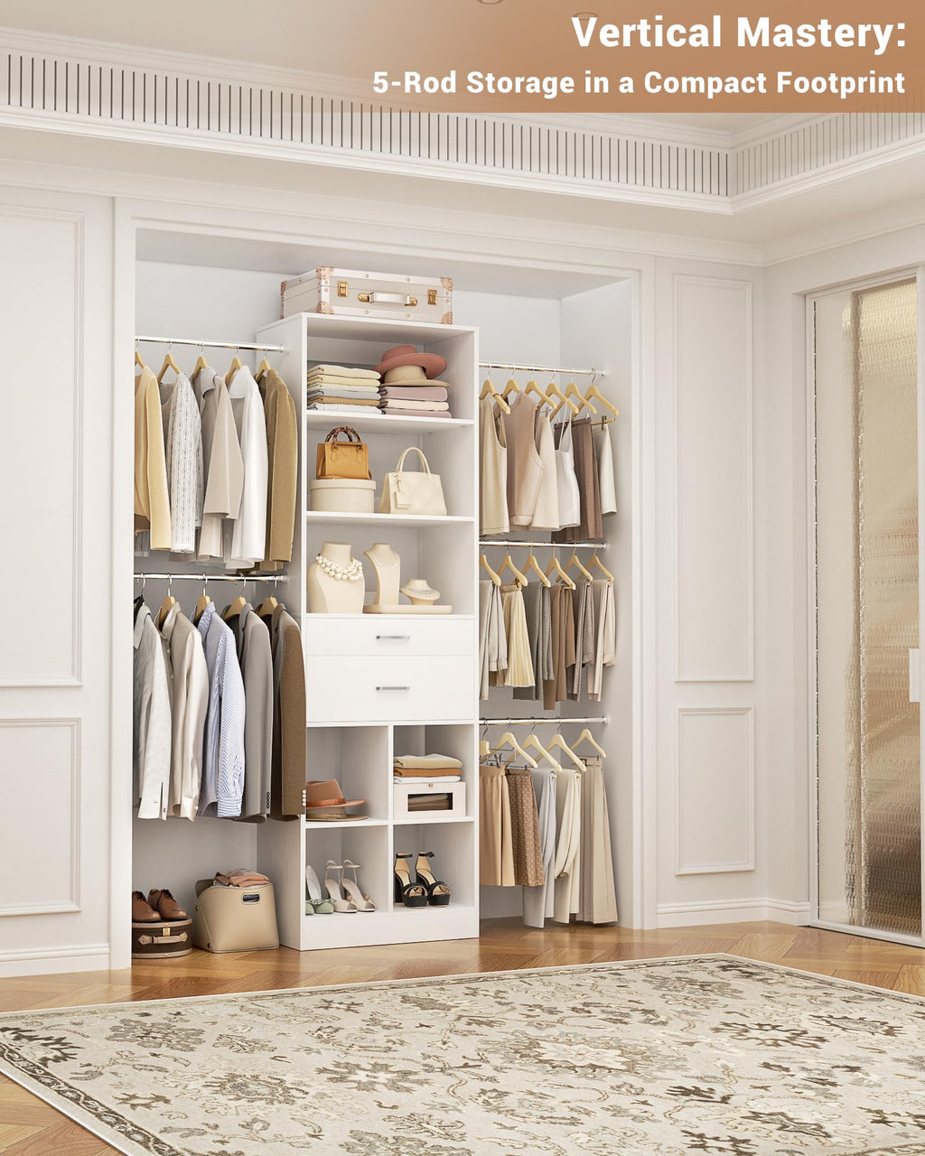 Small Closet System with 2 Wooden Drawers & 5 Hanging Rods, White O81082