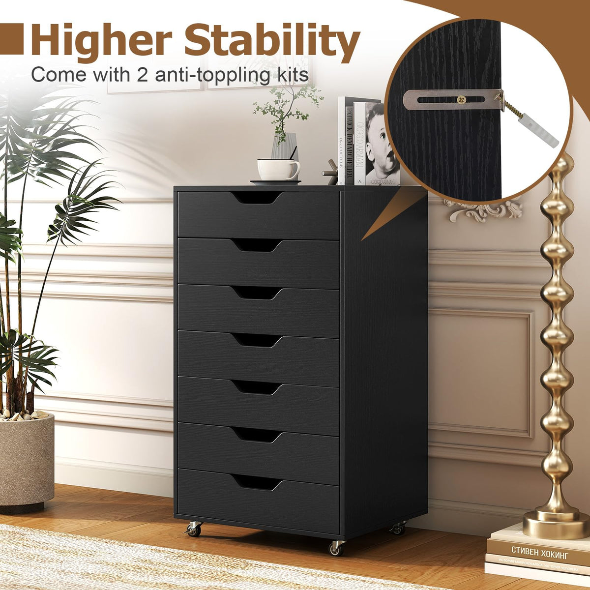 7 Drawer Wooden Storage Cabinet with Casters B237956