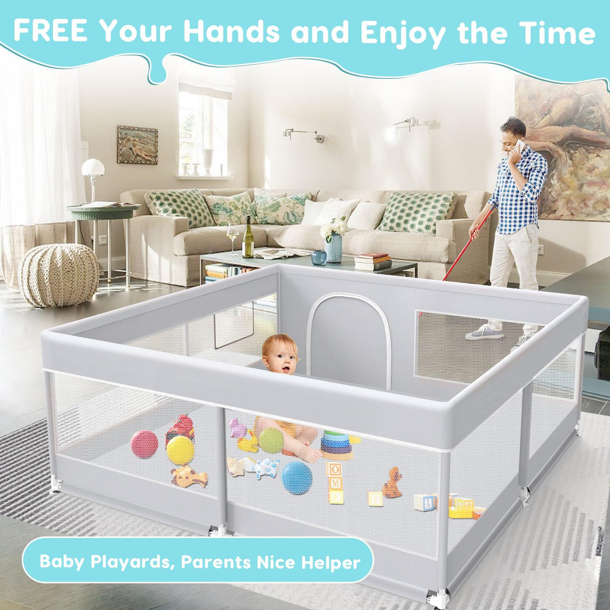 50x50 Inch Grey Baby Playpen with Mesh F8861