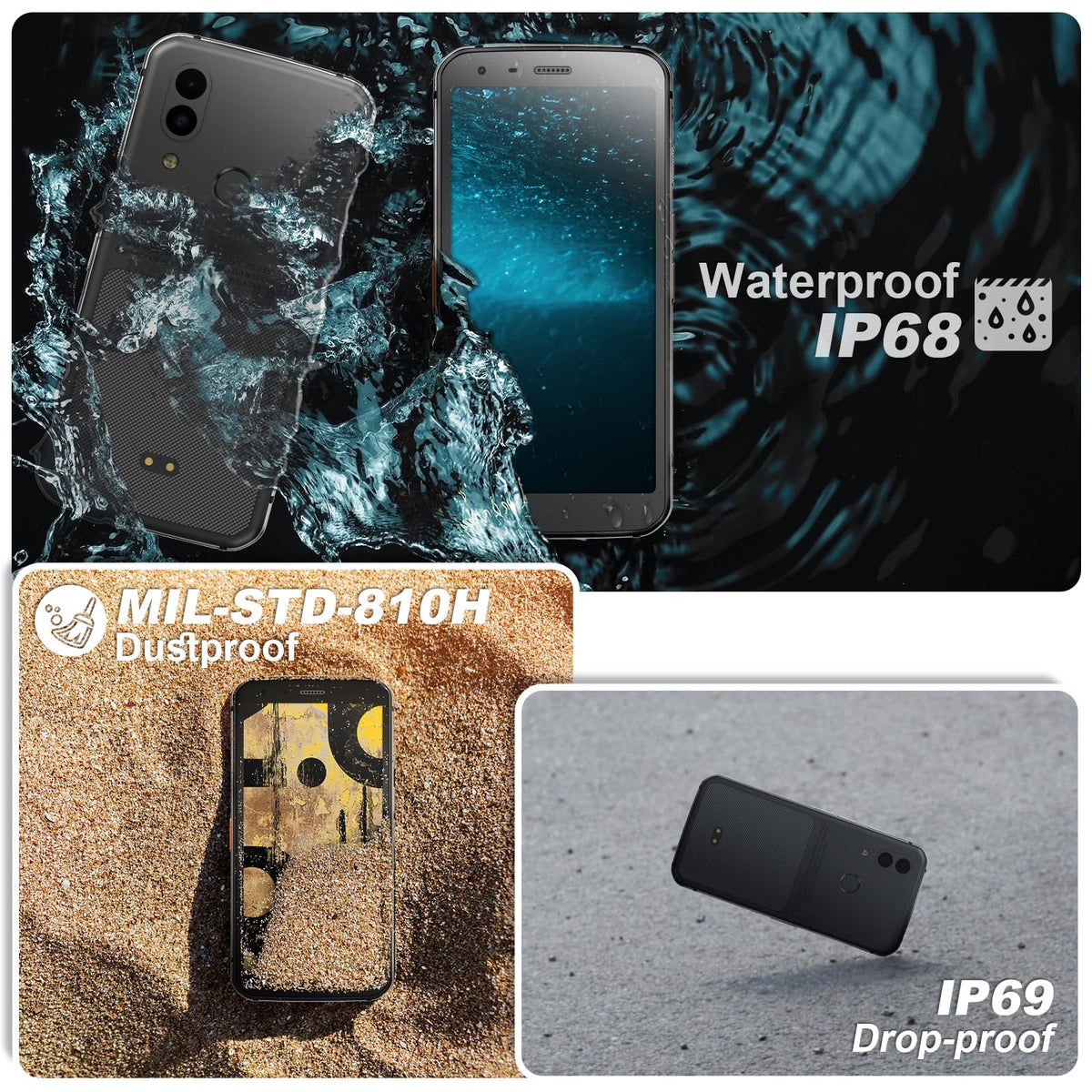 Unlocked Rugged Cell Phone 128GB IP68 Waterproof Android Smartphone Black L351105
