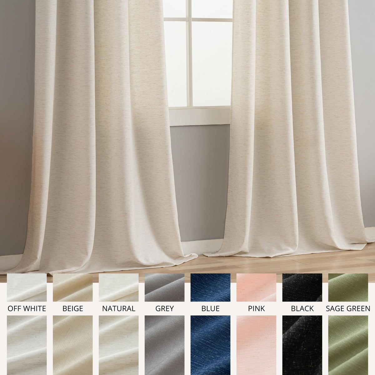 Natural Linen Curtains 90 Inches Long 2 Panels Black Grommets F879189