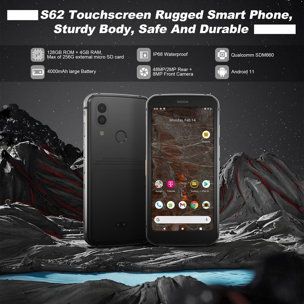 Unlocked Rugged Cell Phone 128GB IP68 Waterproof Android Smartphone Black L351105