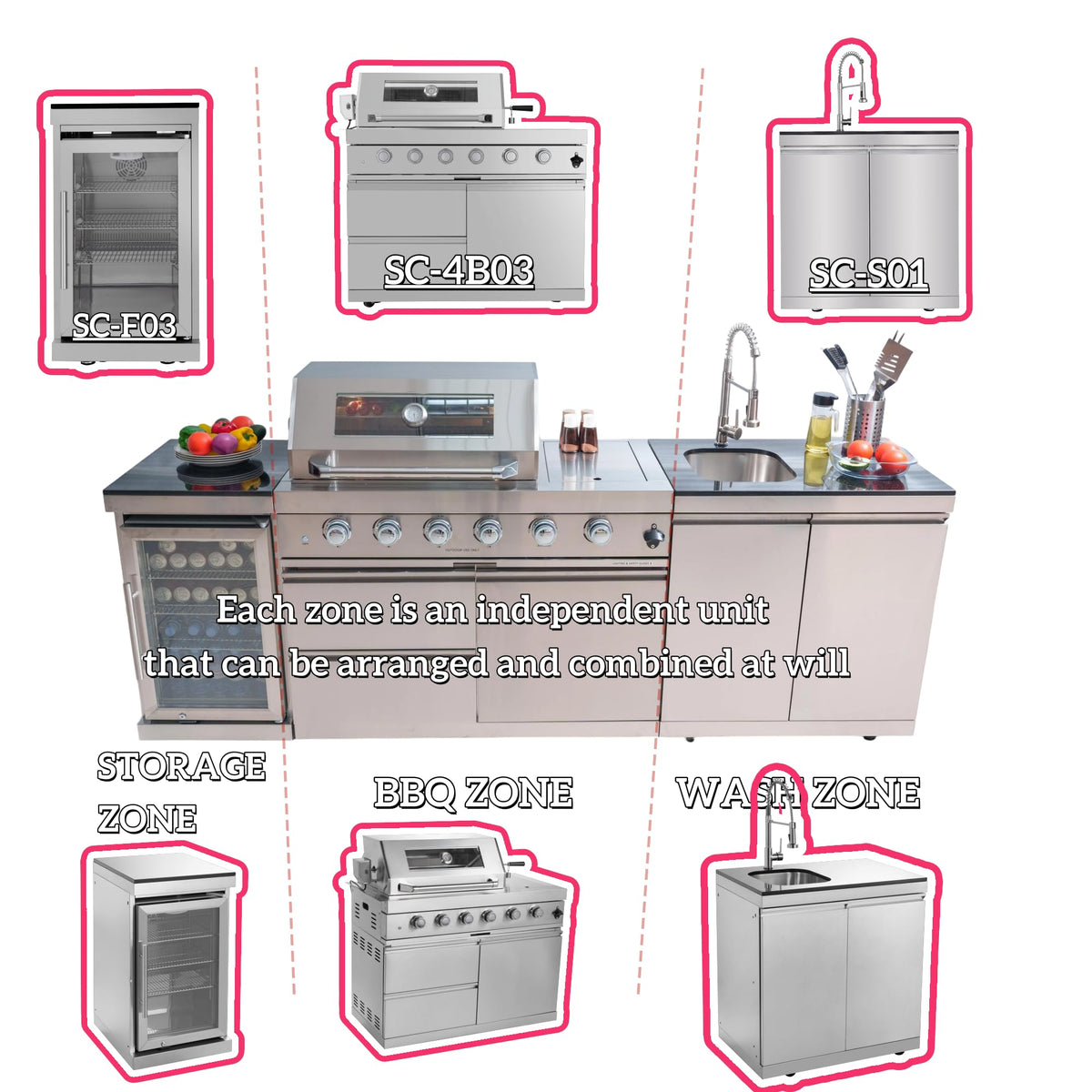 98 Inches 4-Burner Propane Stainless Steel Outdoor Kitchen Island with Refrigerator and Sink D107076