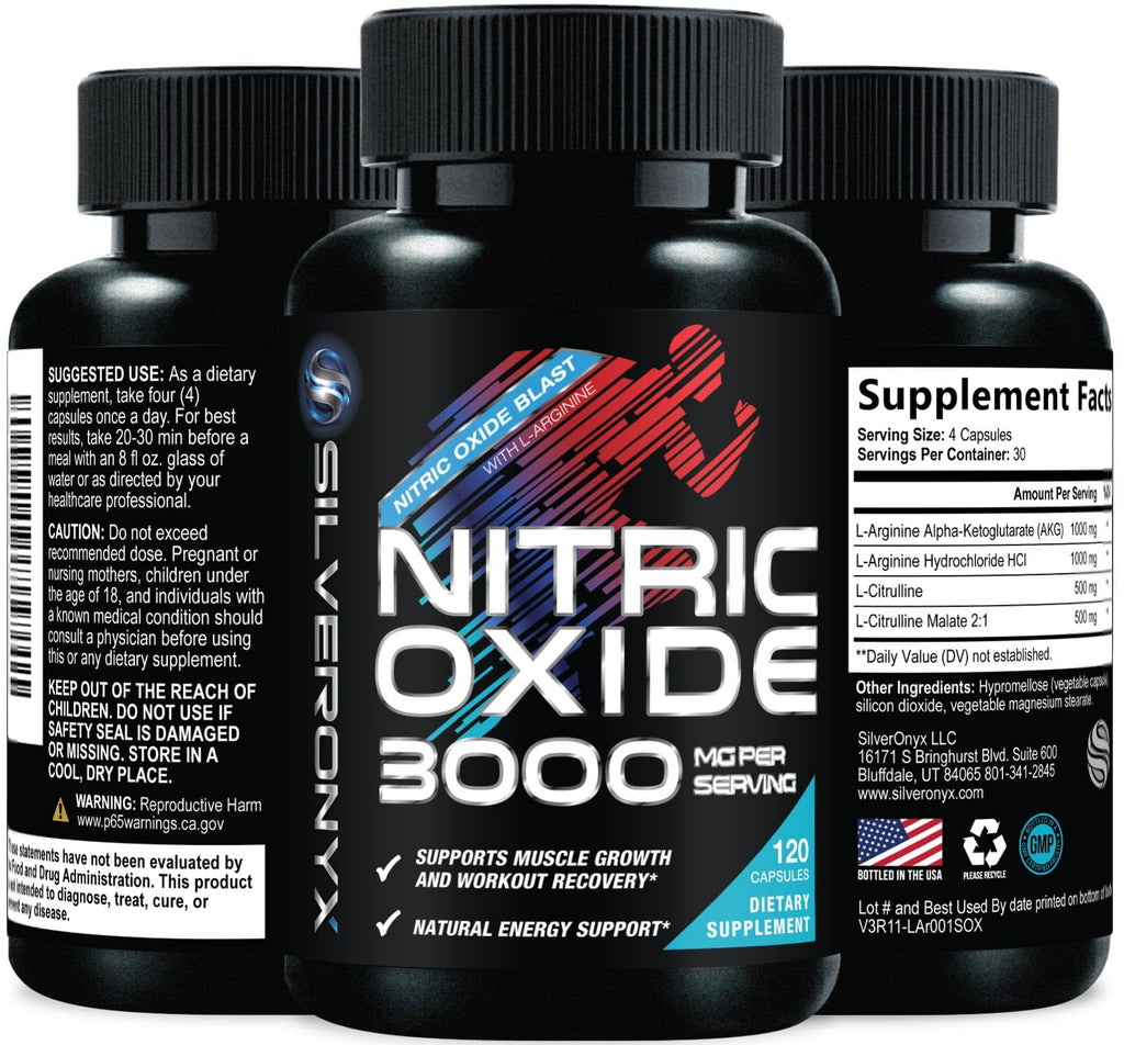 Nitric Oxide Supplement 3000mg Blend L-Arginine & L-Citrulline 120 Capsules J8498