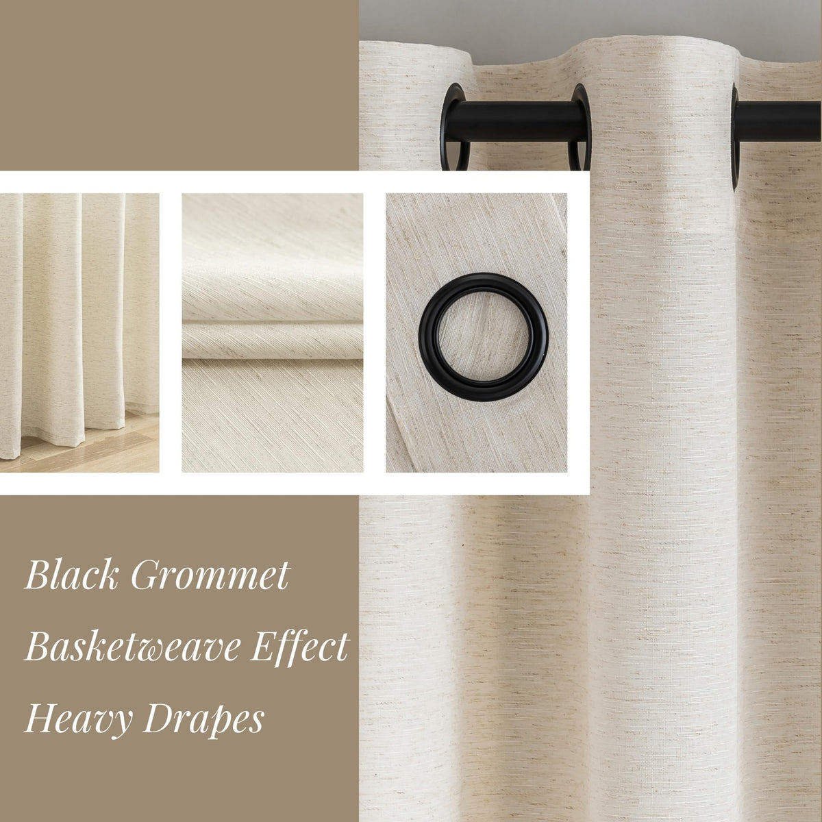 Natural Linen Curtains 90 Inches Long 2 Panels Black Grommets F879189