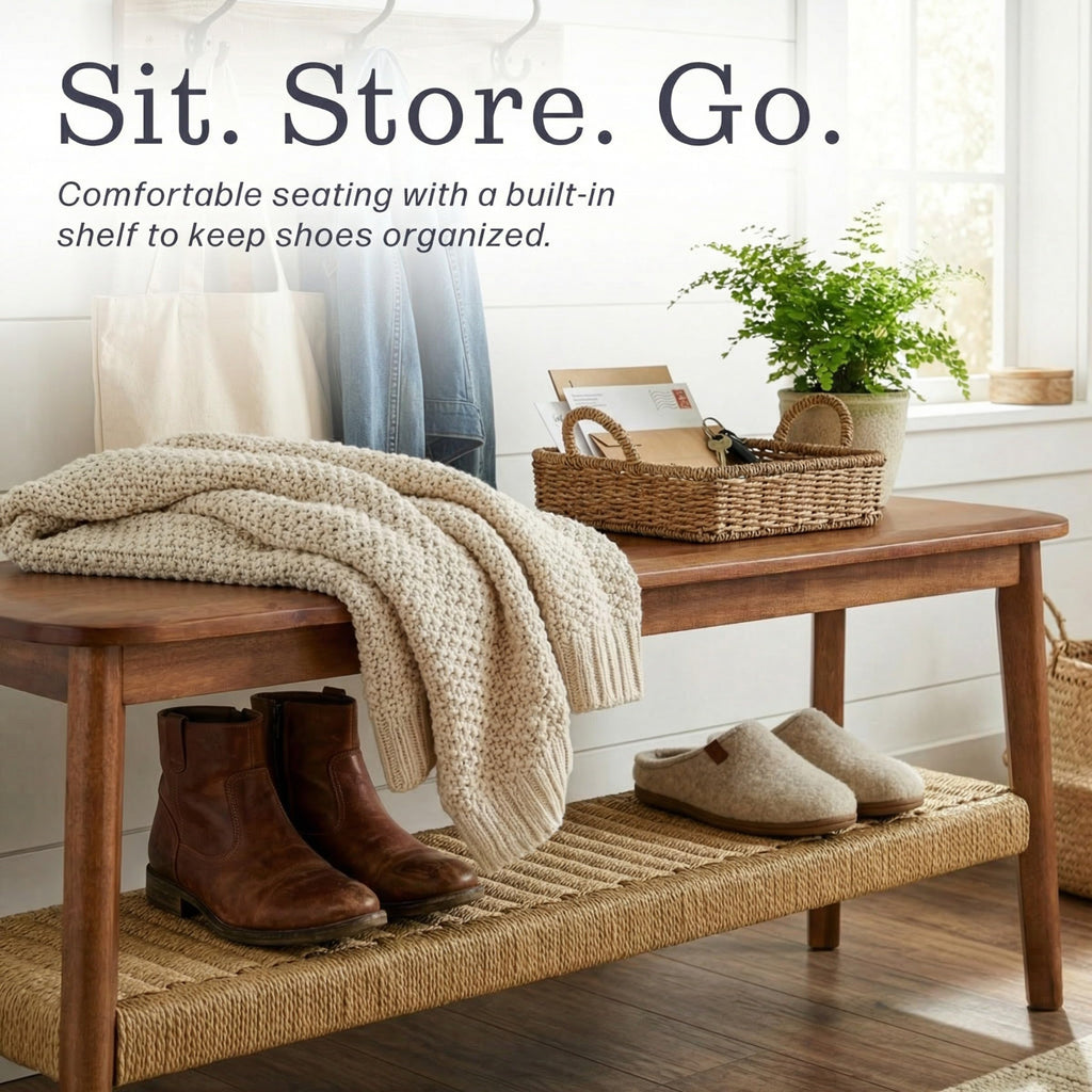 Solid Wood Entryway Bench with Woven Storage Shelf, Chestnut, 48” V7821