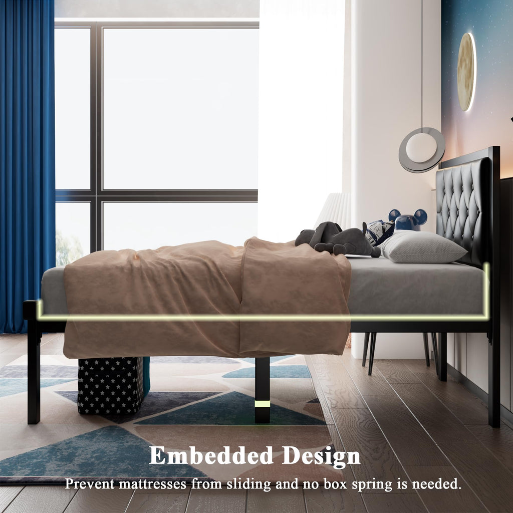 Twin Size Black Metal Platform Bed Frame with Faux Leather Tufted Headboard O60943