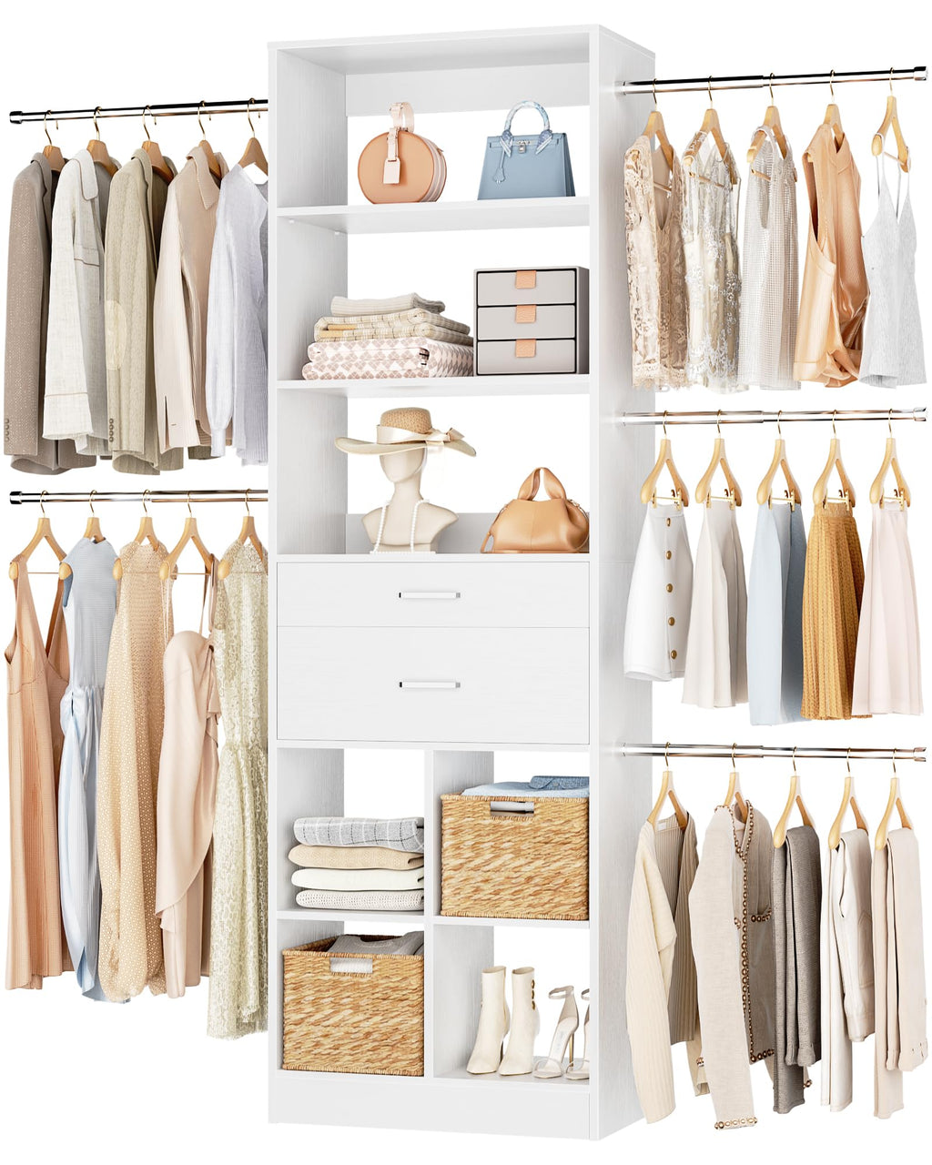 Small Closet System with 2 Wooden Drawers & 5 Hanging Rods, White O81082