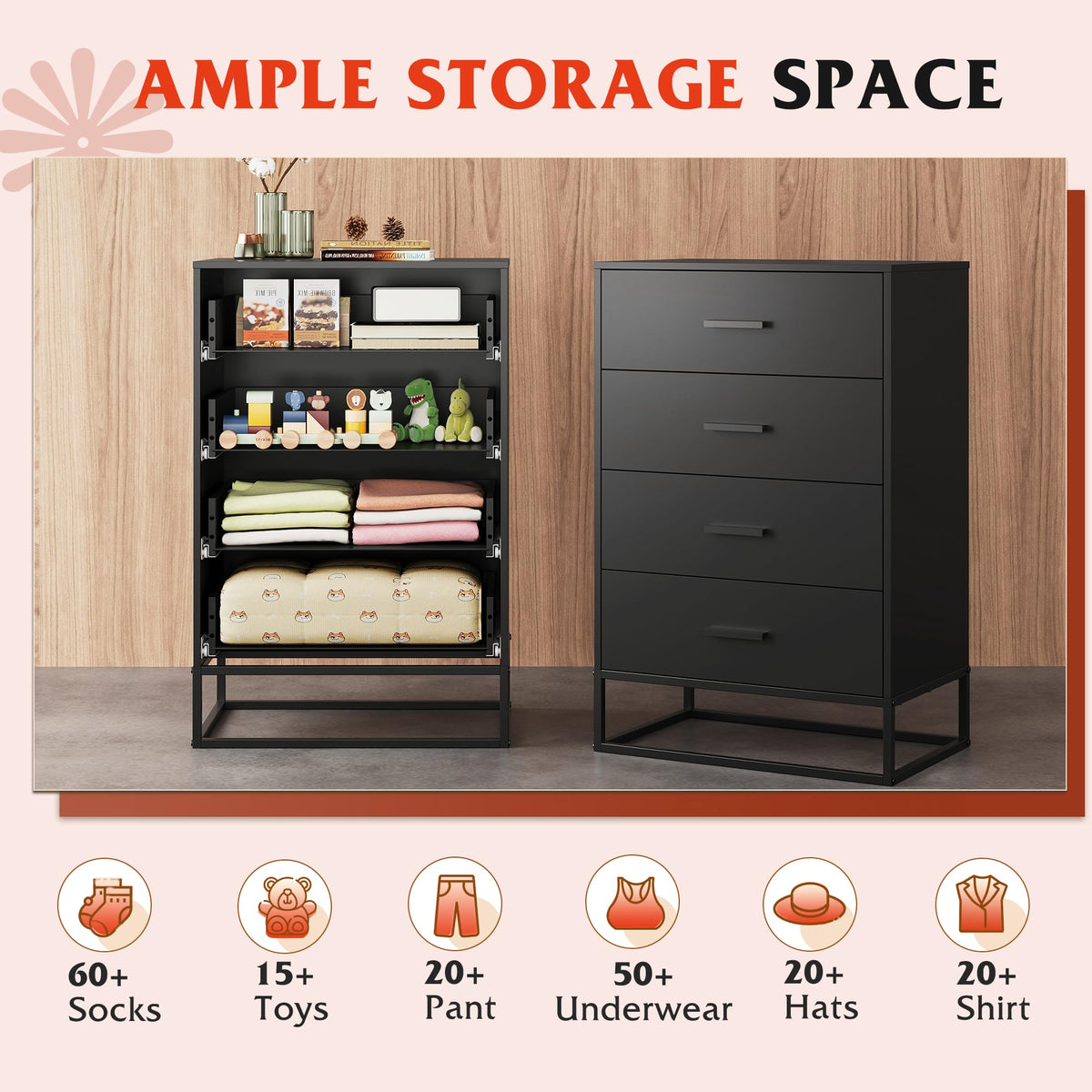 Black 4 Drawer Wooden Dresser S967