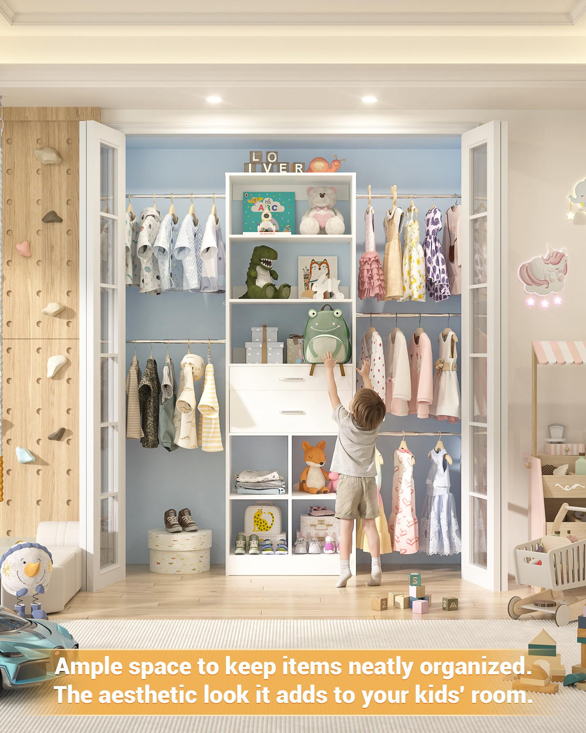 Small Closet System with 2 Wooden Drawers & 5 Hanging Rods, White O81082