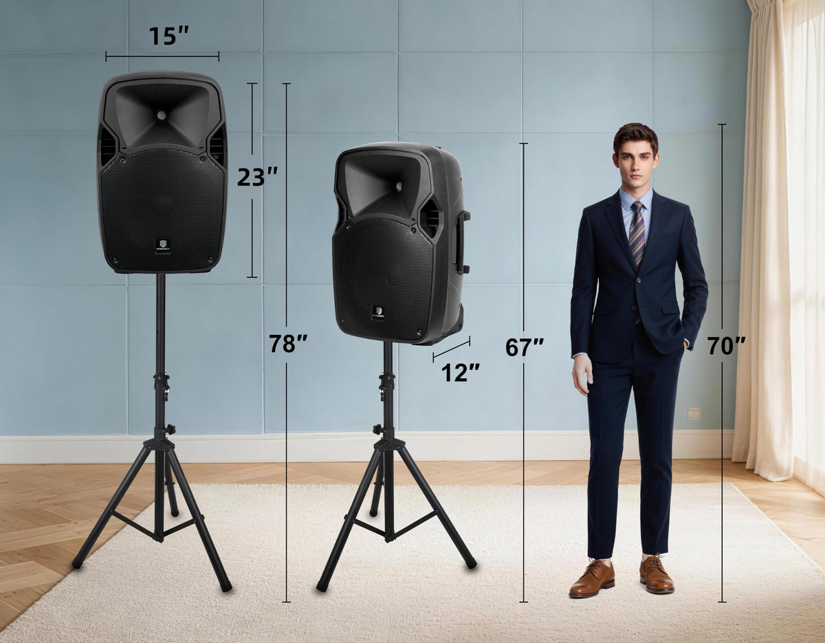 12-Inch 1800W 2-Way Powered PA Speaker System Combo Set with Speaker Stands J6109