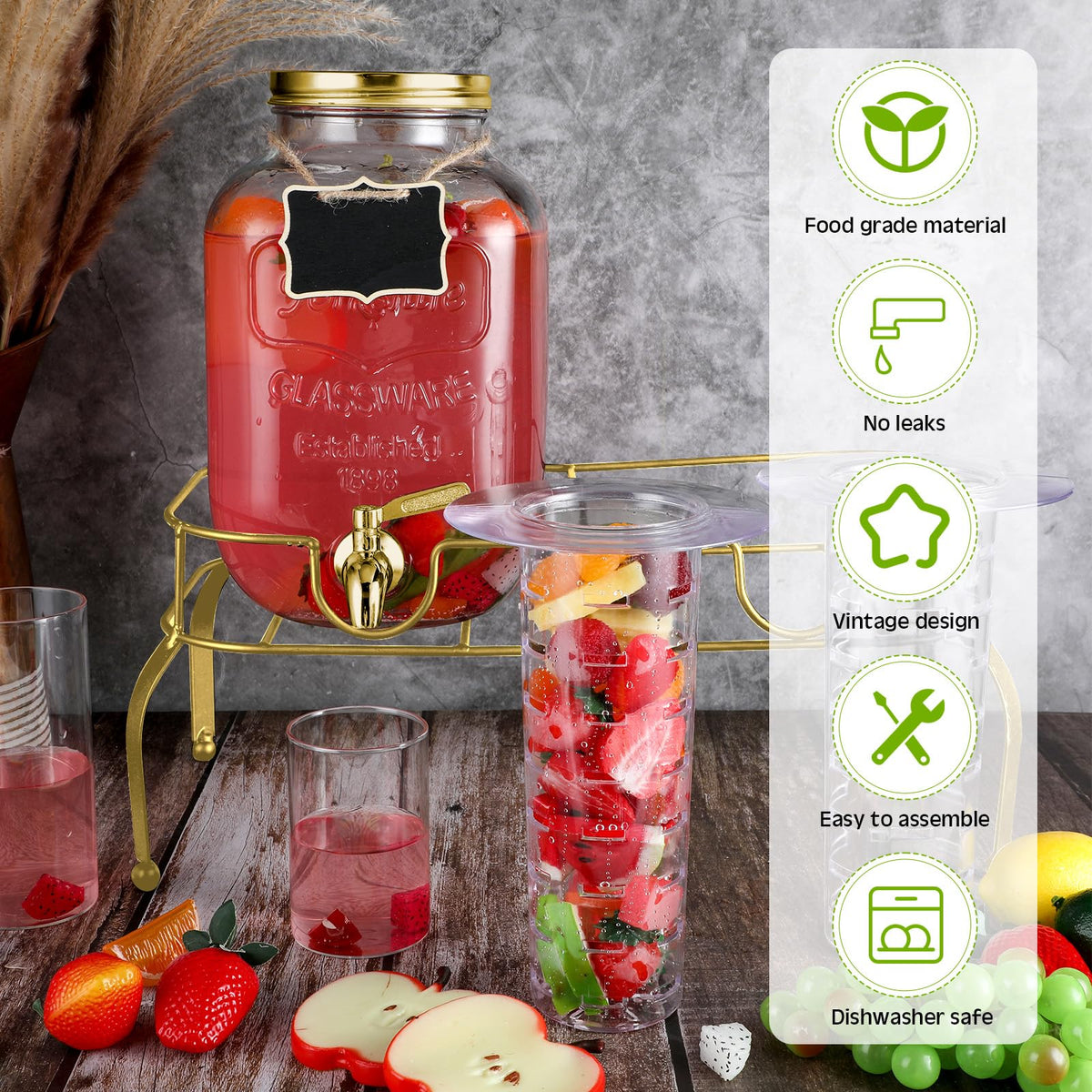 2 Pcs 2 Gallon Glass Drink Dispenser with Stand Q648939