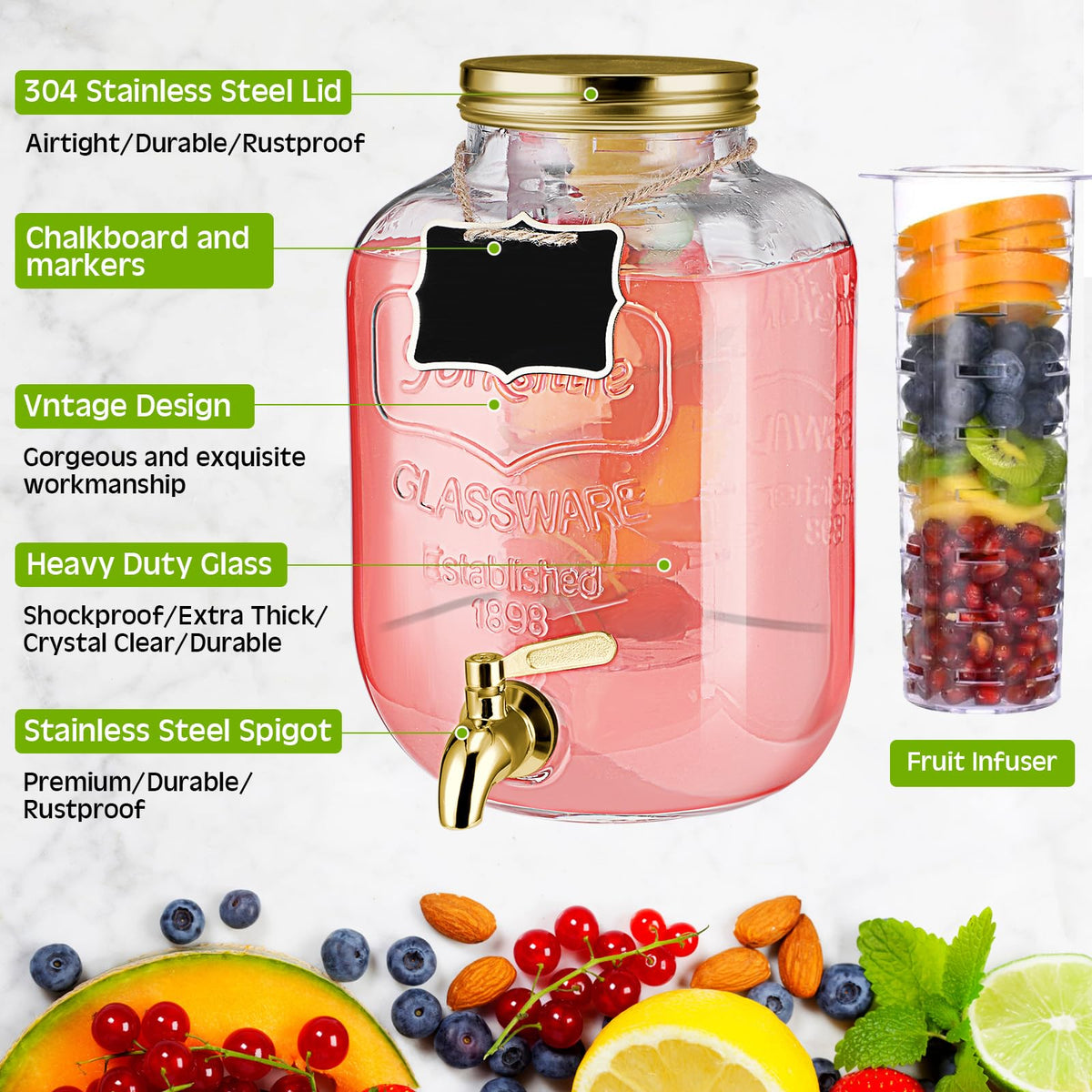2 Pcs 2 Gallon Glass Drink Dispenser with Stand Q648939