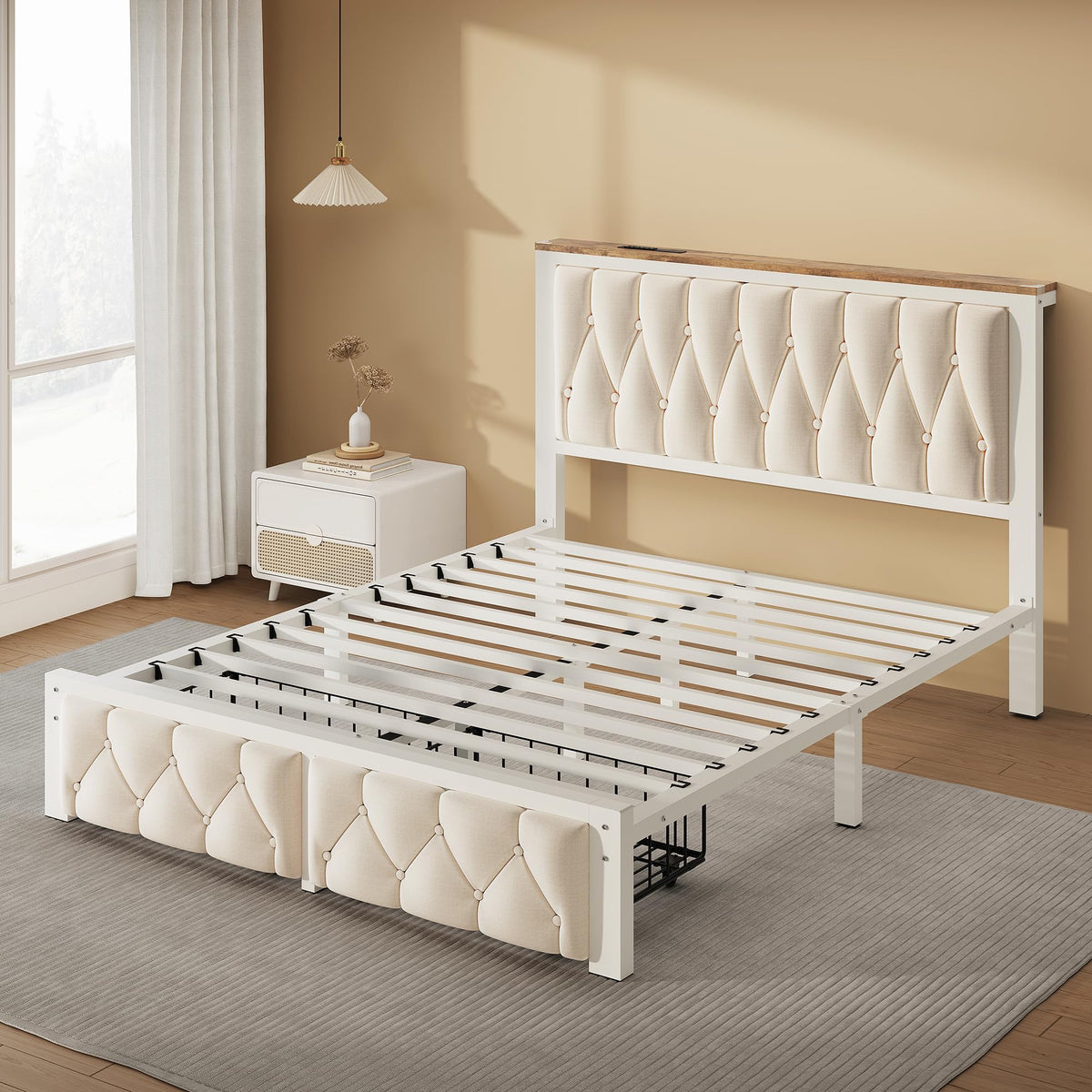 Beige Full Upholstered Platform Bed Frame with 2 Storage Drawers K12867