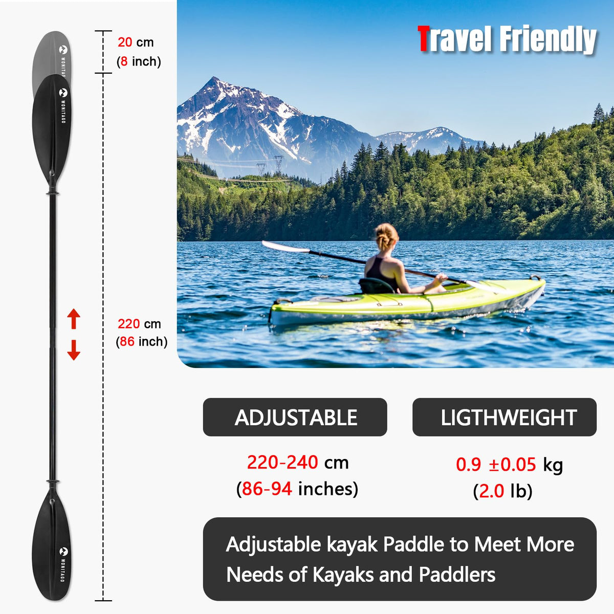 Adjustable Lightweight Carbon Fiber Kayak Paddle R745862