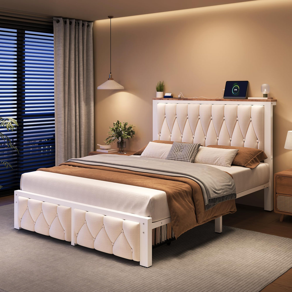 Beige Full Upholstered Platform Bed Frame with 2 Storage Drawers K12867