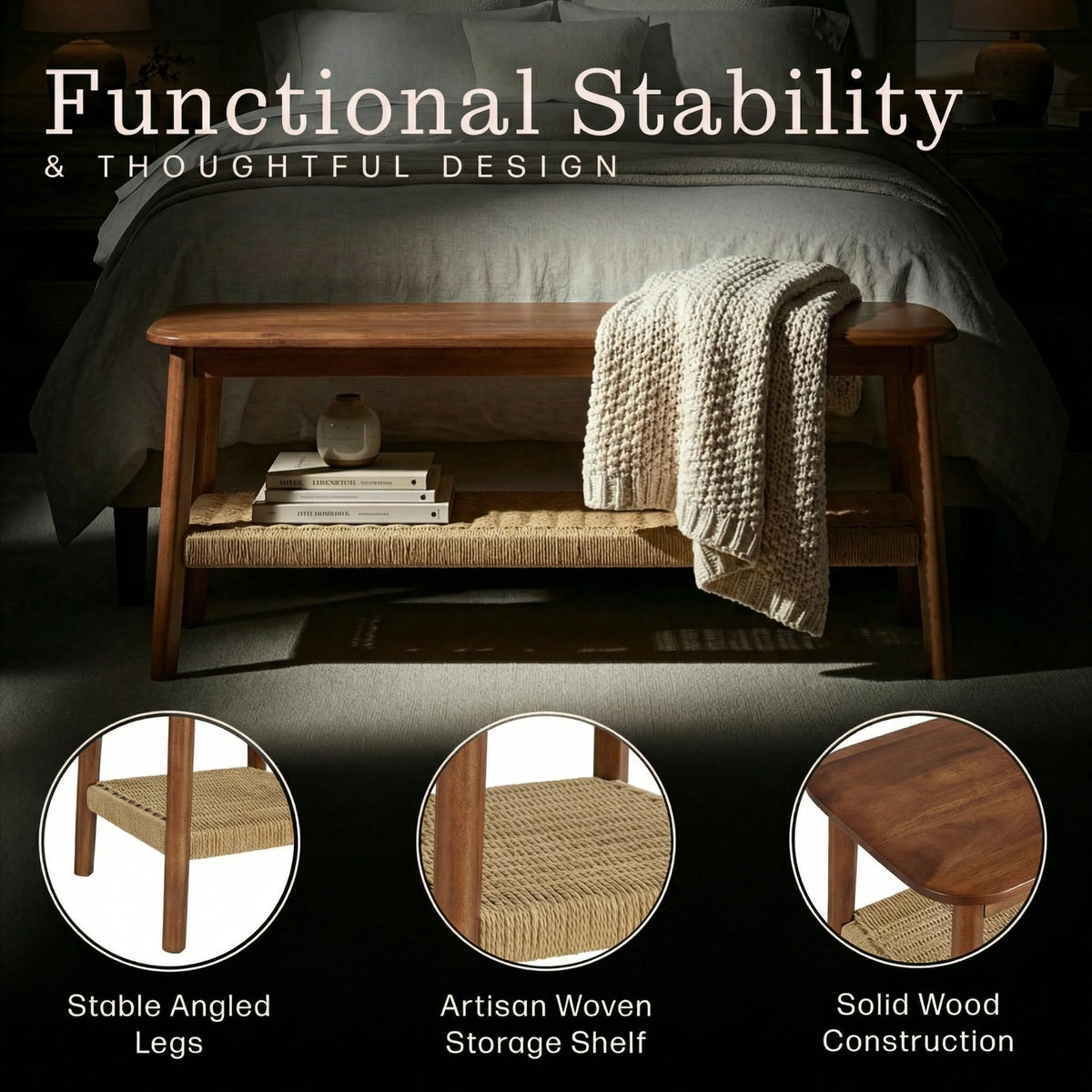 Solid Wood Entryway Bench with Woven Storage Shelf, Chestnut, 48” V7821