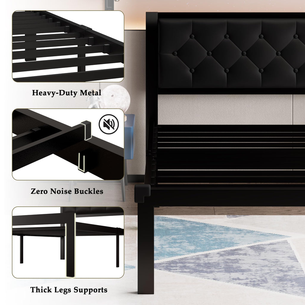 Twin Size Black Metal Platform Bed Frame with Faux Leather Tufted Headboard O60943