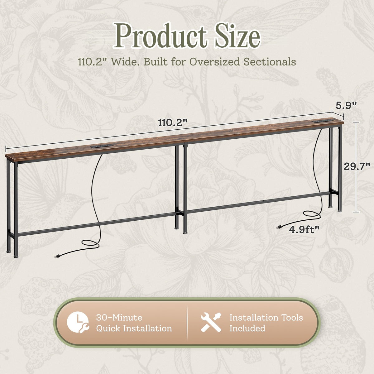 110.2 Inch Narrow Sofa Table with Power Outlets and USB-C Ports Y914