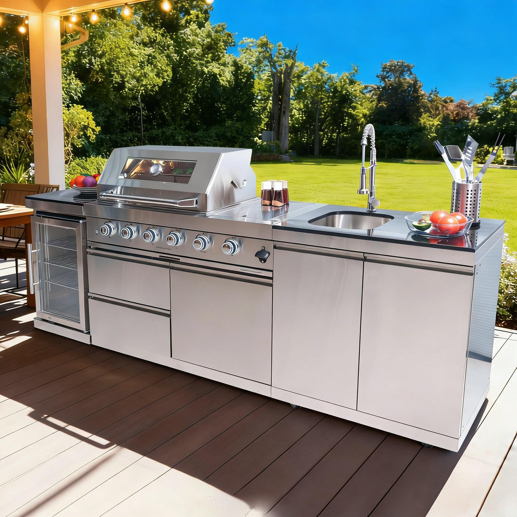 98 Inches 4-Burner Propane Stainless Steel Outdoor Kitchen Island with Refrigerator and Sink D107076