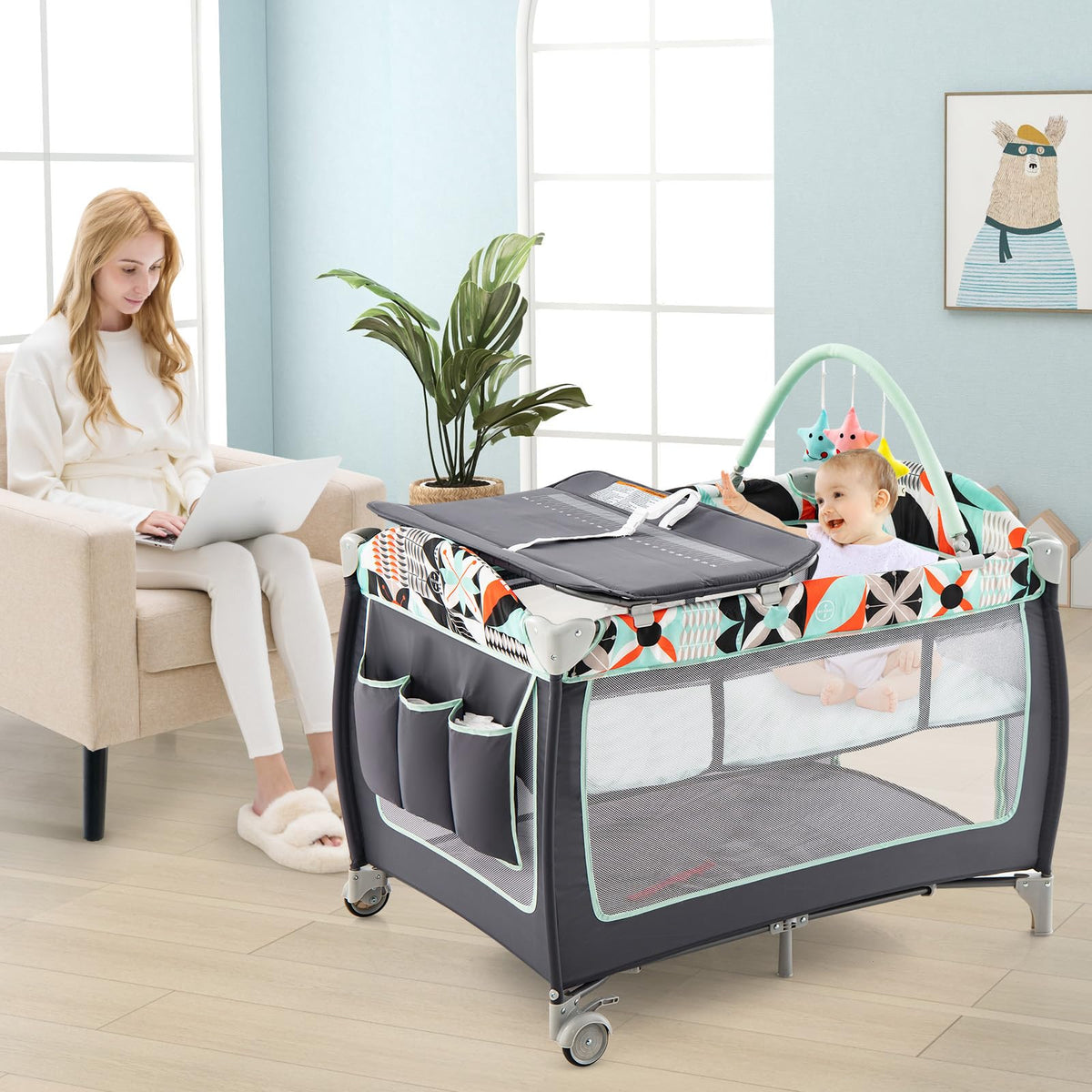 4 in 1 Portable Baby Crib Playpen with Bassinet S542