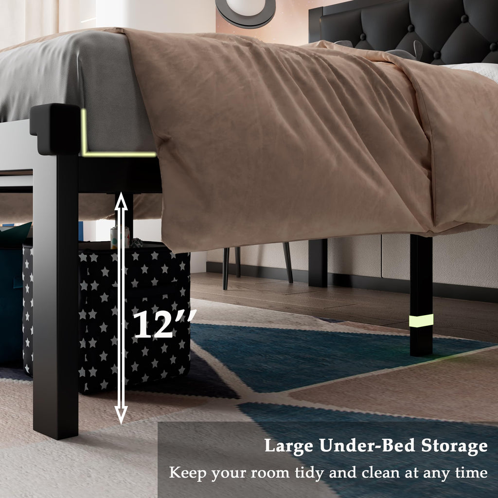 Twin Size Black Metal Platform Bed Frame with Faux Leather Tufted Headboard O60943