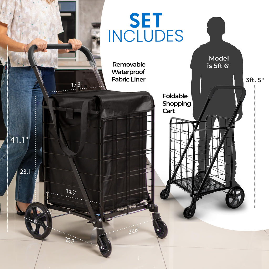 Large Folding Utility Shopping Cart with Removable Liner, 110 lb Capacity, Black K448