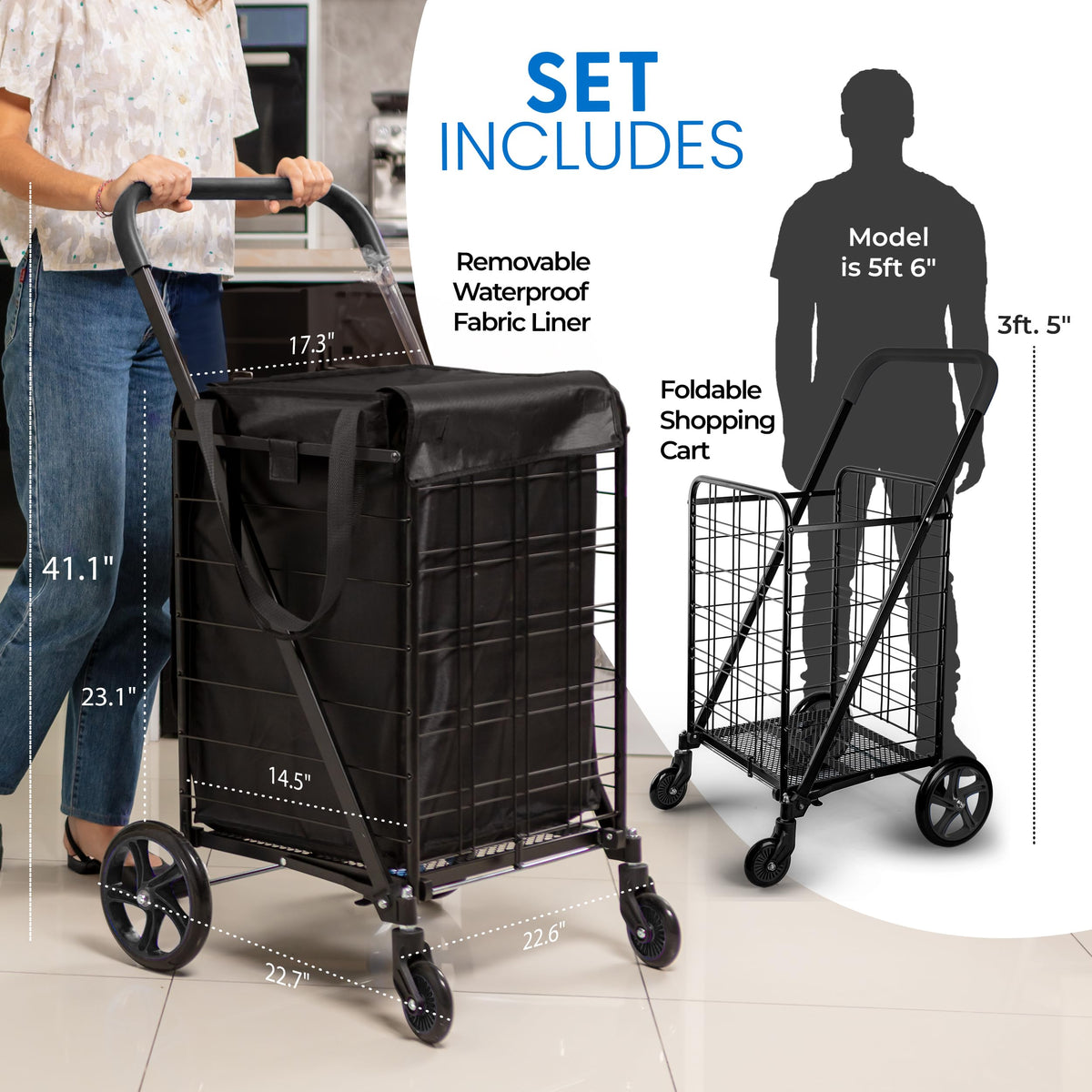 Large Folding Utility Shopping Cart with Removable Liner, 110 lb Capacity, Black K448
