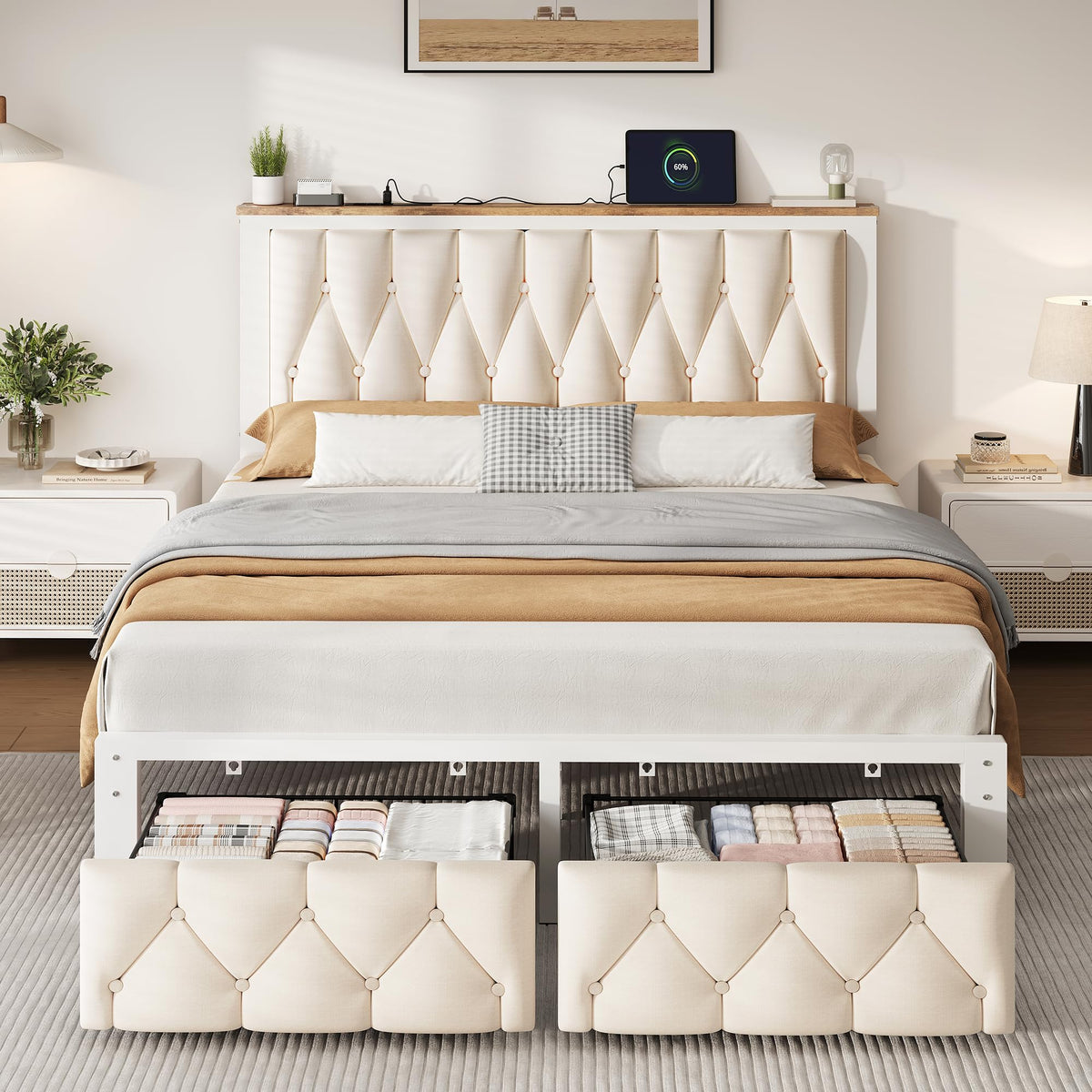 Beige Full Upholstered Platform Bed Frame with 2 Storage Drawers K12867
